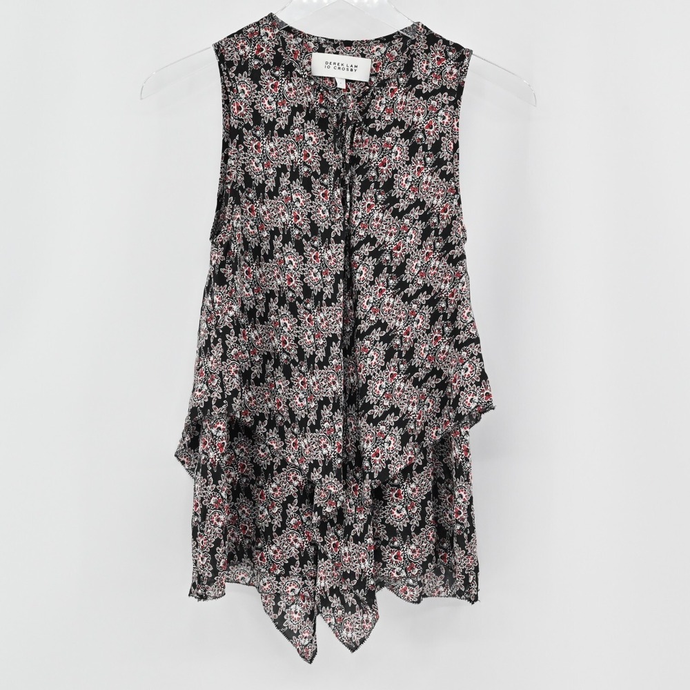 Derek Lam 10 Crosby Floral Silk Tiered Ruffle Tank Top Womens Size 2 Black Red